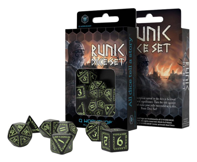 Q Workshop - Runic Black & Glow-in-the-dark Dice Set - Tärningar