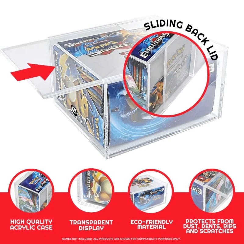 Evoretro Premium Acrylic Display Case for Pokemon Booster Box Display with Sliding Lid